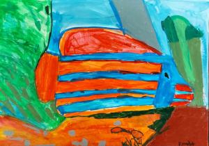 A painting of a colourful blue and red striped fish