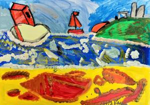 a painting of a beach with the sea and red boats 