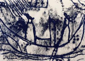 blue and white print of boat with people 