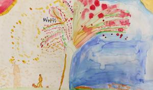 watercolour of a tree with flowers and people underneath