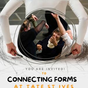 poster with white arms and circle image in the back of dancers