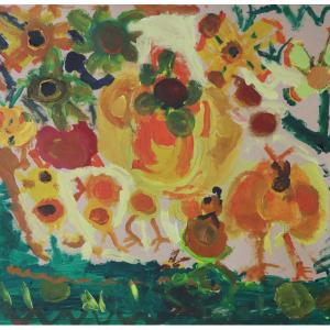 Brightly coloured painting with yellow, orange, green and red paint thickly applied on buff coloured board