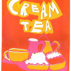 A hand-printed screen print poster with the words cream tea and a picture of a scone with jam and cream and a pot of tea in reds, yellows and pink