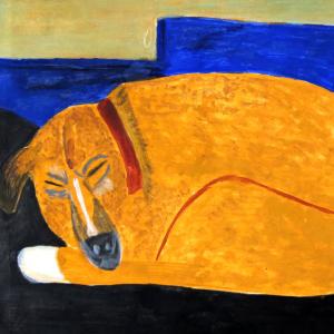 A painting of an orange dog on a black sofa with blue cushions. 