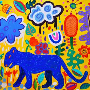 A painting of a blue tiger with flowers around