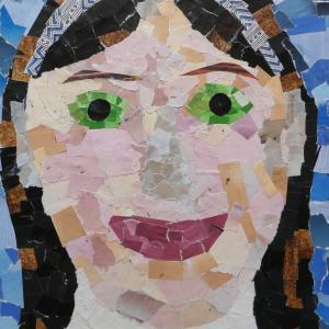 a collage of a smiling face with a blue background.