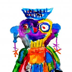 Painting of a figure in colourful clothing with big earings