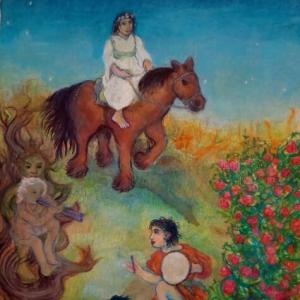 A pastel drawing of 4 figures in a lush green grass with a blue sky. 