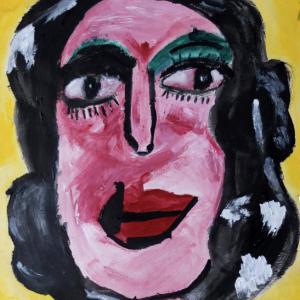 painting of a women with pink skin and short black hair against a yellow background