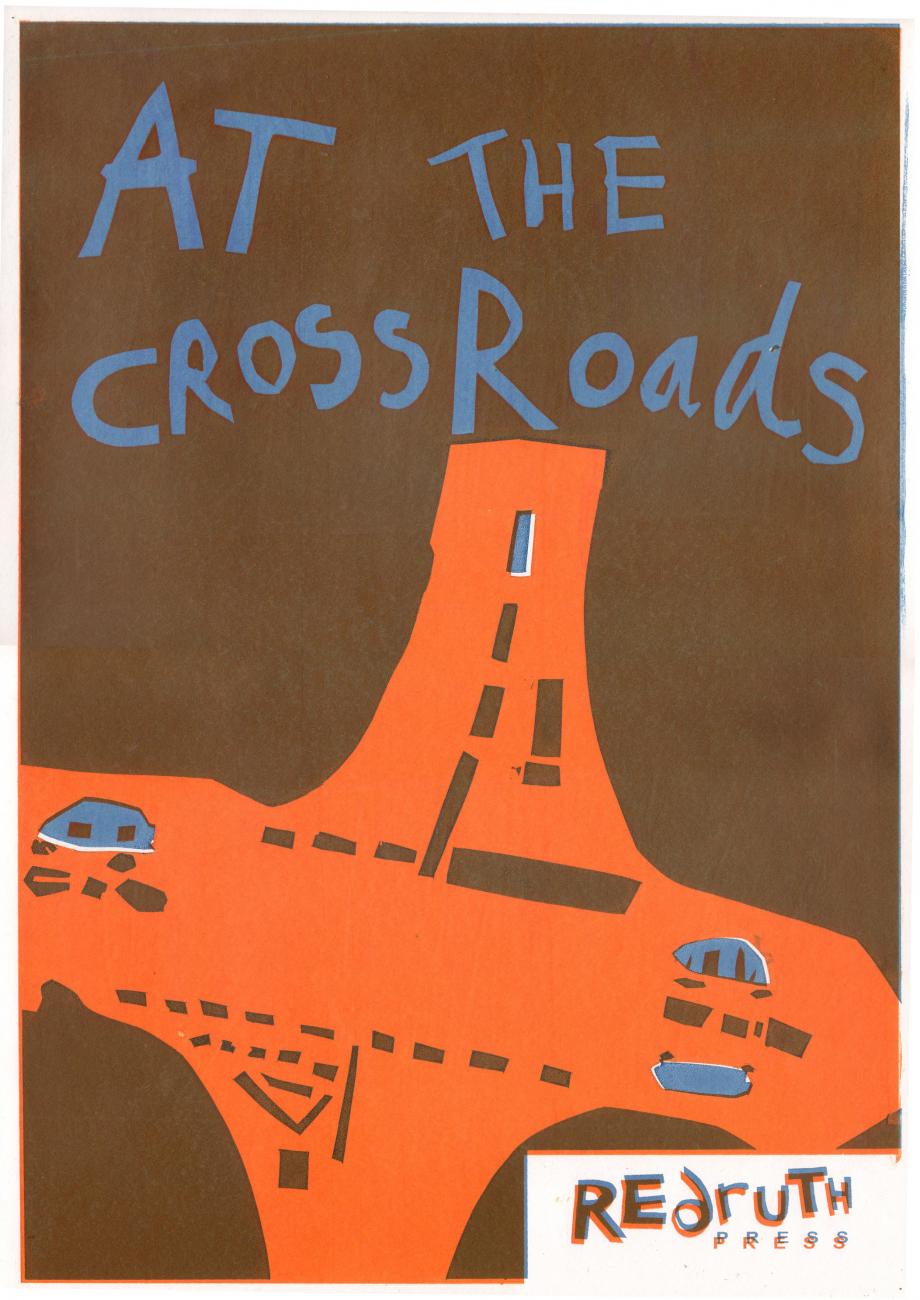 an orange poster that says "at the crossroads" 