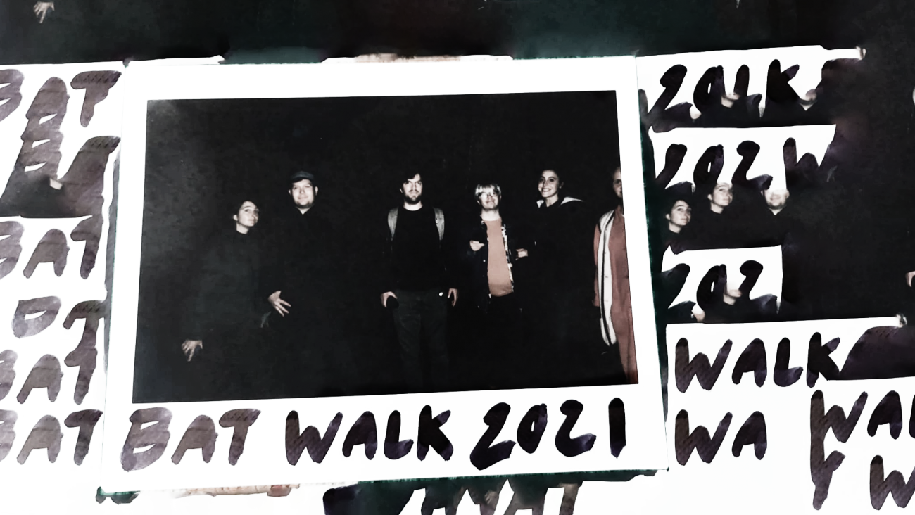 polaroid photo of a group of people in the dark with the words 'Bat Walk' written