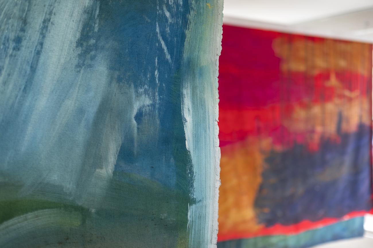 colourful abstract paintings hanging in gallery 