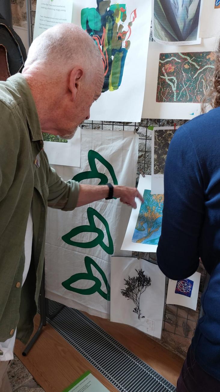 a person looking at a screen print hung on the wall